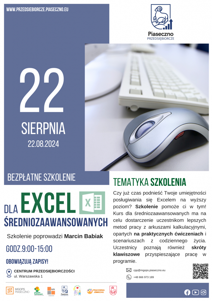 Bezpłatne szkolenie w Centrum Przedsiębiorczości w Piasecznie ”Excel dla średniozaawansowanych”